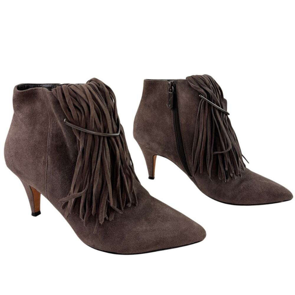 Brian Atwood Perri Bootie 6.5 Gray Taupe Leather Fringe Kitten Heel Ankle Boot